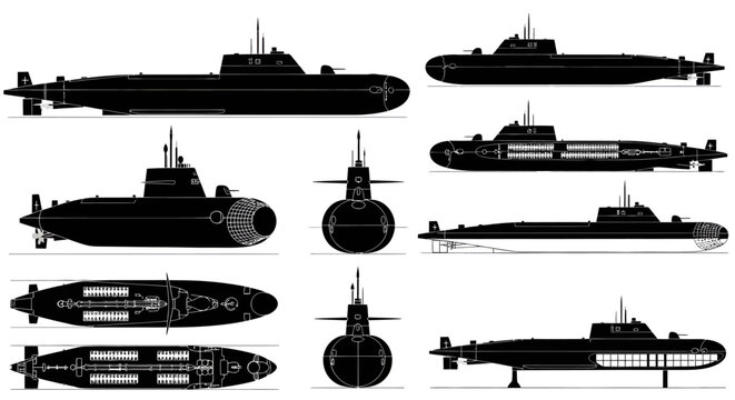 Strategic SSBN Submarine Fleet Multi-Angle Vector Silhouette