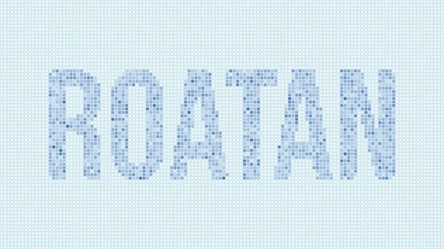 Roatan dotted map animation. Digital style shape of the island. Roatan shape and title blue dots appear with flickering effect. Honduras. Modern Intro, outro, title, logo video.