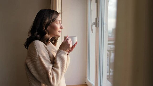 Woman savoring a peaceful morning by the window, holding a cup of coffee with a serene smile