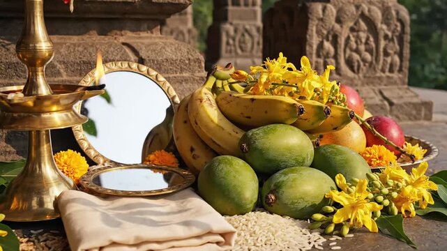 Traditional vishu kani arrangement for the hindu new year festival with fruits, a golden lamp, and vibrant flowers against stone carvings in india