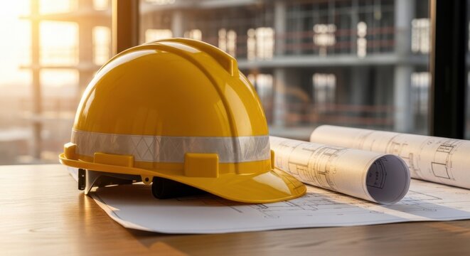 Yellow construction hard hat and blueprints on a desk with a building site background