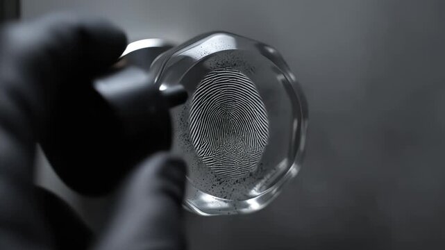 A forensic investigator wearing black gloves uses a brush and dark powder to dust a glass doorknob and blow away excess powder to reveal a latent fingerprint at a crime scene