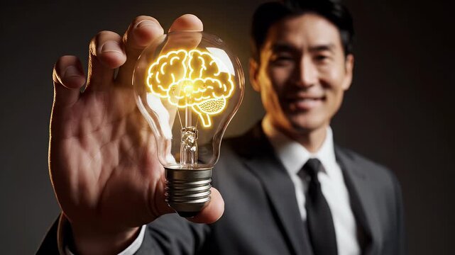 Man holding a glowing lightbulb with a brain inside