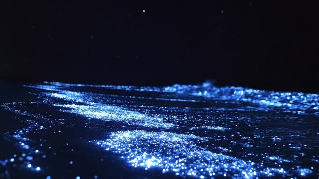 Glowing blue waves crash on a dark shore at night with a zoomed tree trunk cross-section - Ultra HD 4k Quality 