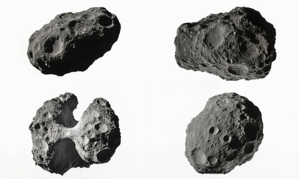 Collection of highly detailed asteroids with holes and rough surfaces, isolated on white background.