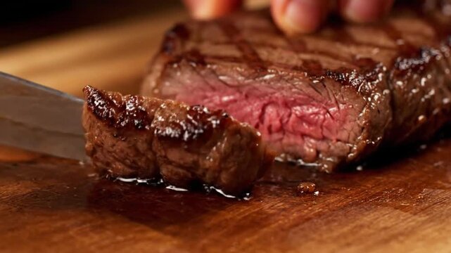 Slicing a Perfectly Cooked Steak on a Wooden Board.