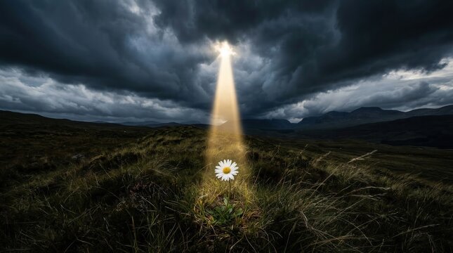 Ray of golden sunlight breaking through dark storm clouds hitting a daisy