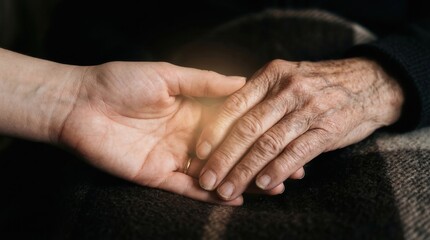 Fototapeta premium Youthful hand holding elderly wrinkled hand with warm glowing light
