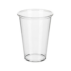 A clear plastic cup with a smooth rim and cylindrical shape displayed against a plain background