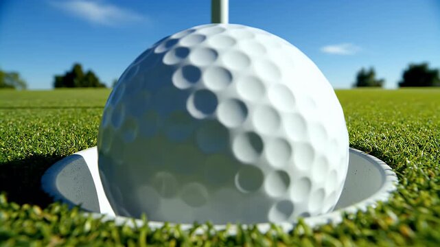 Extreme close-up of a dimpled golf ball just about to enter a cup on a manicured green