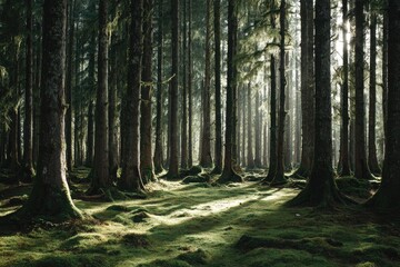 Obraz premium Sunlight filters through tall trees onto a mossy forest floor, creating shadows and a peaceful scene