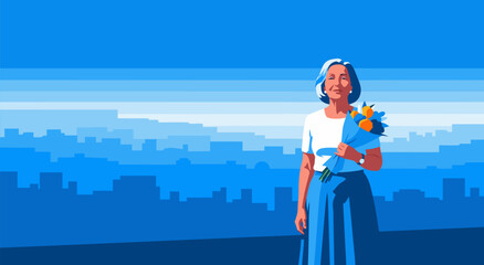 Fototapeta premium A vector illustration of a happy elderly woman holding a bouquet of flowers with a cityscape in the background