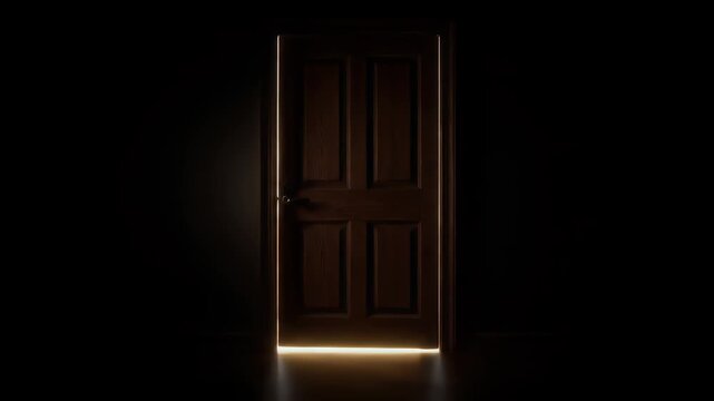 Mysterious Interior Wooden Door Slightly Ajar Casting Dramatic Light Rays in a Dark, Empty Room Symbolizing Opportunity or Unknown