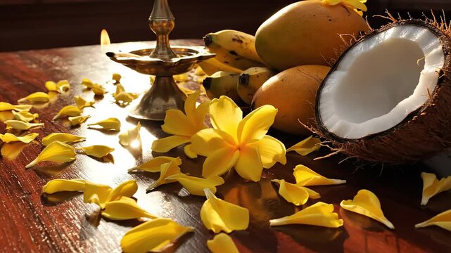 Traditional oil lamp, fresh tropical fruits, and vibrant yellow flowers arranged on a dark wood surface, representing the significant hindu vishu festival celebration in india.