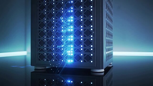 Close-up of a modern black server tower with bright blue glowing data streams and intricate light patterns, symbolizing advanced computing and digital connectivity.