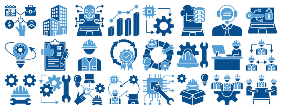Engineering and Technology Icon Set. Icons Including AI, cloud computing, data engineering, system integration, security, customer support, quality, workflow, maintenance, teamwork