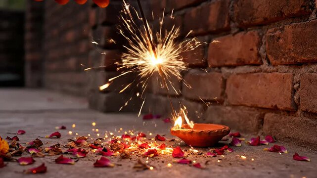 Indian vishu festival celebration with glowing diya lamp, sparkling cracker, and scattered rose petals on floor.