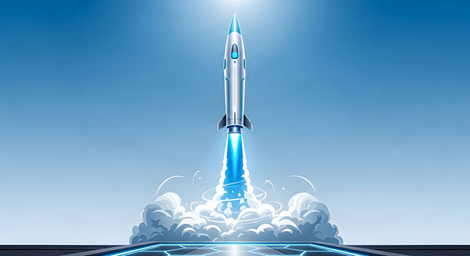 A rocket launching into space with a bright light and smoke