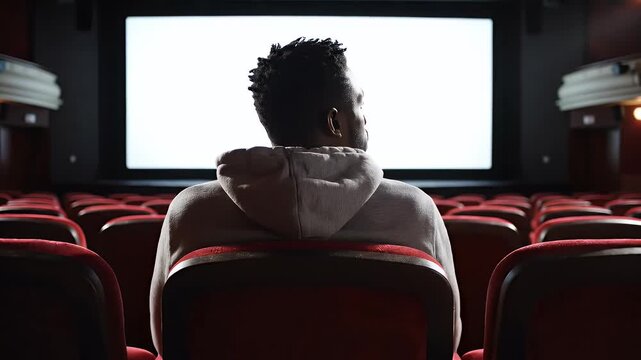Person in hoodie sits alone in theater watching blank screen