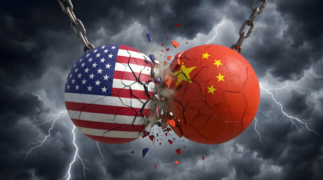United States and China flag spheres collide powerfully breaking apart creating debris under a dark stormy sky with bright lightning showing severe gl