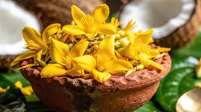 Vibrant yellow kani konna flowers and coconut kani arrangement in a clay pot, signifying auspicious vishu celebrations in south india.