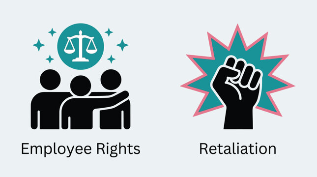 Employee rights and retaliation vector graphic illustration with supportive people and a protesting fist