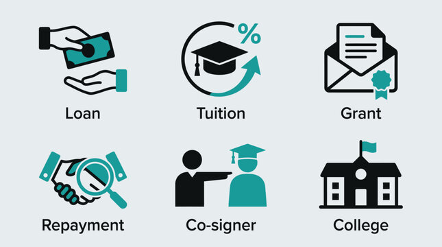 Vector graphic illustration of various college financial aid concepts including loan, tuition, grant, repayment, co-signer, and college, depicted through simple modern icons and text labels.