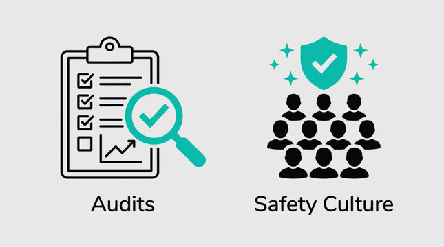 Vector graphic illustration of audits and safety culture concepts with checkmarks and silhouettes