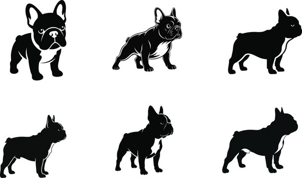 Collection of six black silhouettes of dogs in various poses
