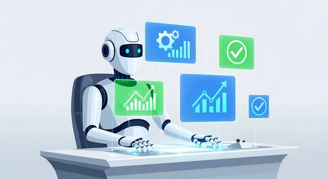 Agentic AI robot analyzing data charts and business metrics illustration for financial automation website header