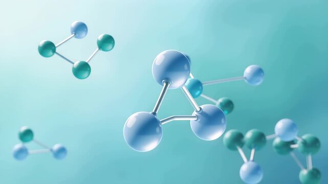 3D molecular structure illustration of chemical compounds with abstract blue and green atoms in science background