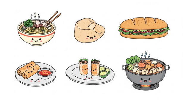 Kawaii Vietnamese cuisine cartoon characters vector with pho noodle soup banh mi sandwich spring rolls hotpot isolated on white