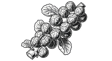Hand-drawn illustration of Brussels sprouts on a stalk with leaves, isolated on white. © Nur