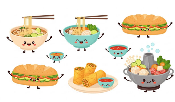 Kawaii Vietnamese food icon vector set with pho banh mi spring rolls hotpot cute Asian cuisine characters isolated on white
