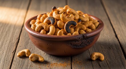 Fototapeta premium A Rustic Bowl Overflowing with Deliciously Roasted and Seasoned Cashew Nuts