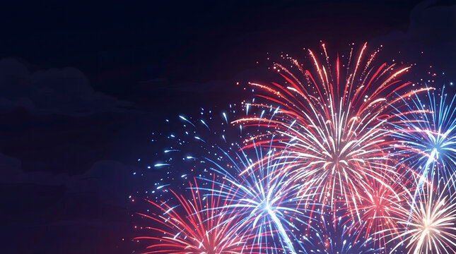 Vibrant red white and blue fireworks light up the dark night sky during a grand celebration with spectacular explosions
