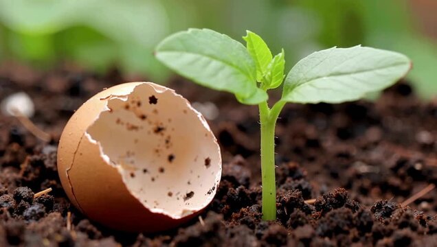 A small plant growing next to an eggshell in the soil, life concept.