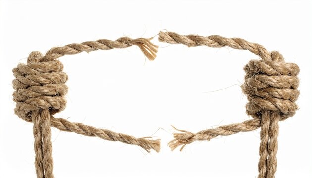 Broken rope with frayed ends tied in knots