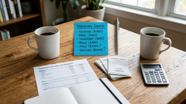 Budgeting planning with a spending zones list on a desk with coffee and notebook