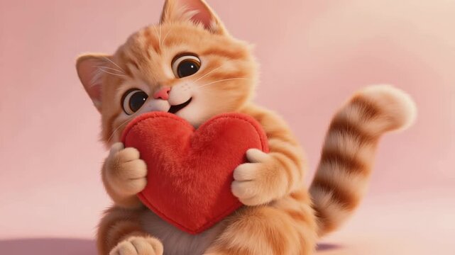Cute orange kitten hugging a soft red heart plush with closed eyes on pink background