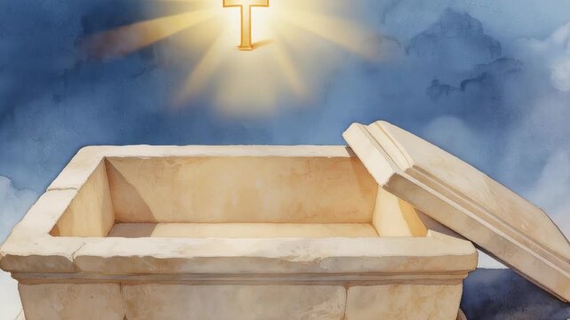 Empty stone tomb with glowing cross and radiant light in cloudy sky representing resurrection and hope