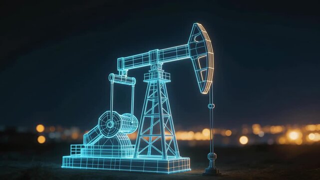 Digital 3D wireframe model of oil pumpjack with city lights background at night