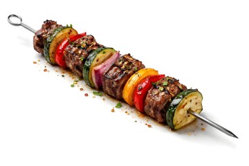 Grilled beef kebab skewer with bell peppers and onions isolated on white background