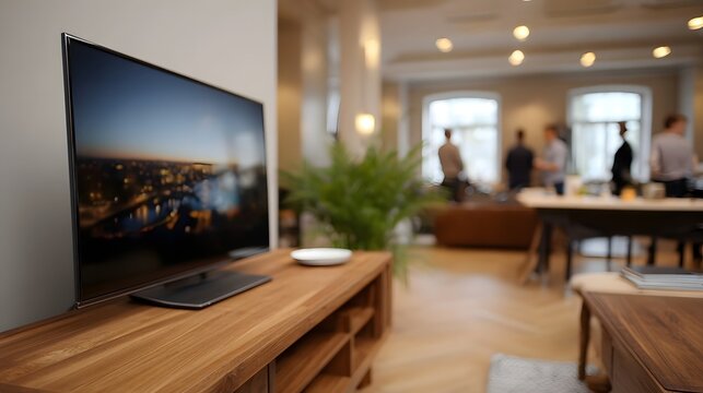 A sleek modern television displays a city skyline at dusk in a contemporary lounge area with people gathered in the background