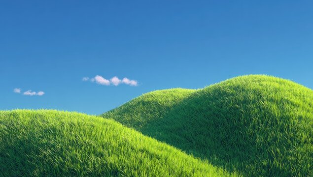 Rolling green hills under a bright blue sky with fluffy white clouds
