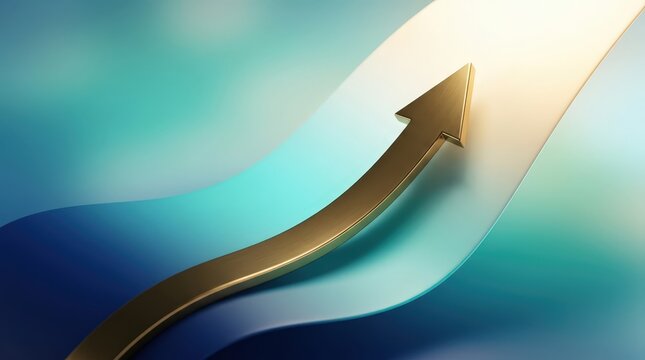 Shiny gold arrow smoothly curves above animated teal water to symbolize market pivot and growth