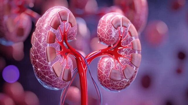 Hyper-Realistic 3D Medical Illustration of Human Kidneys, Detailed Anatomical Visualization of Renal System with Ureters and Blood Vessels, Scientific Healthcare Graphic for Medicine; internal organ