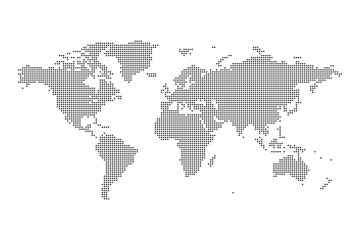 World map composed of many small black dots, displaying continents and oceans, a global representation of earth's landmasses for geographic concepts and digital design.