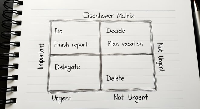 Spiral notebook with eisenhower matrix showing do decide delegate and delete tasks