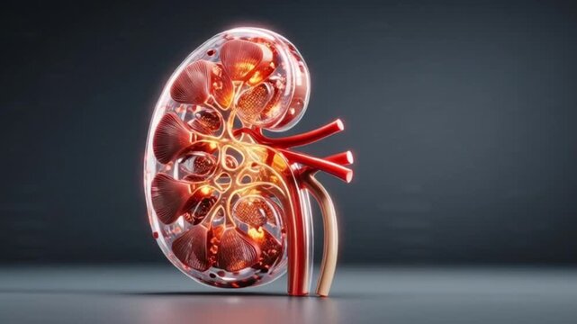 Hyper-Realistic 3D Medical Illustration of Human Kidneys, Detailed Anatomical Visualization of Renal System with Ureters and Blood Vessels, Scientific Healthcare Graphic for Medicine; internal organ